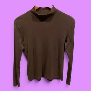Cute classic chocolate brown pima cotton normcore mock neck flowy top Talbots